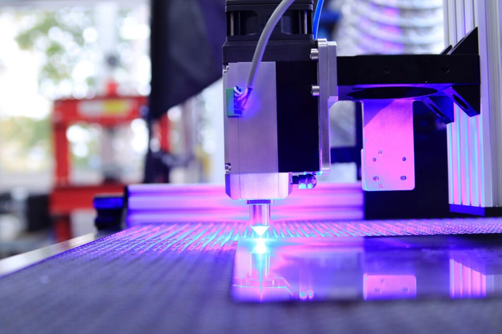 A ccloseup look of laser cutting a metal.